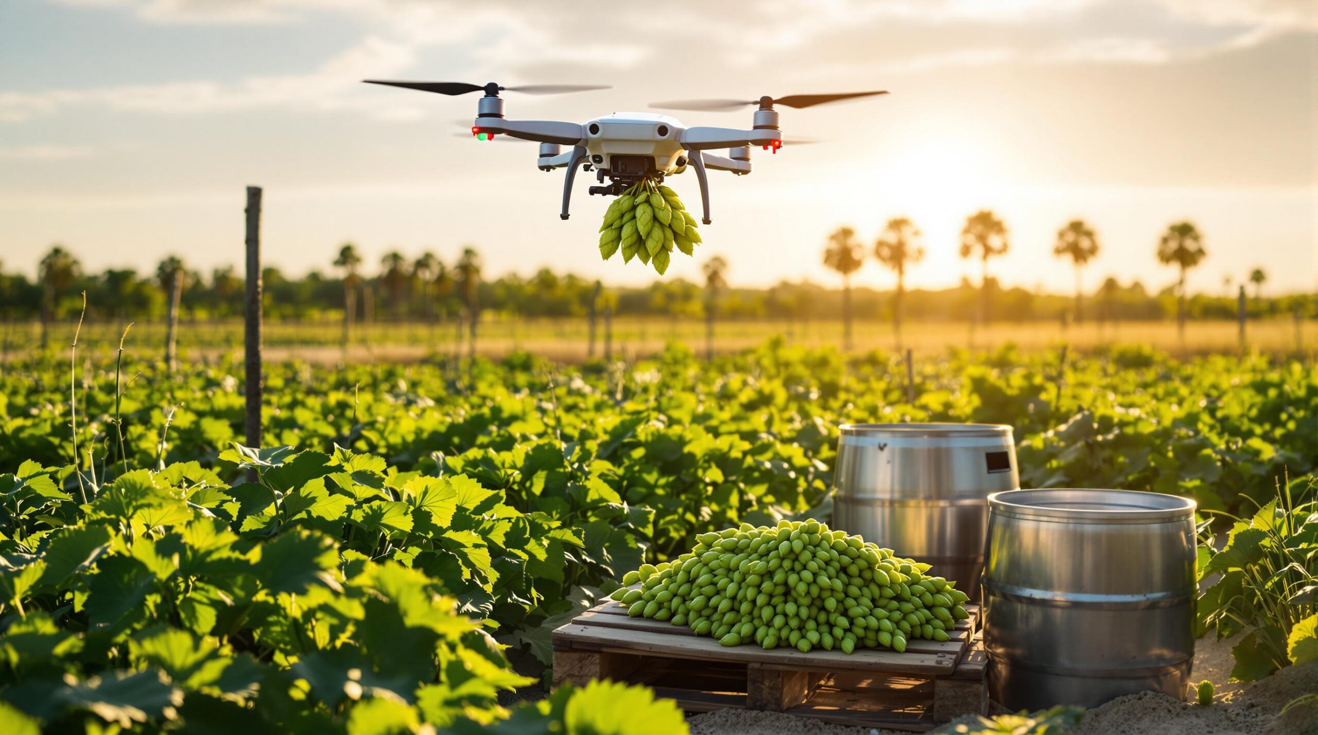 A drone carries fresh hop bundles above hop trellises and brewing barrels on a sunlit coastal farm near Gulf Shores, Alabama.