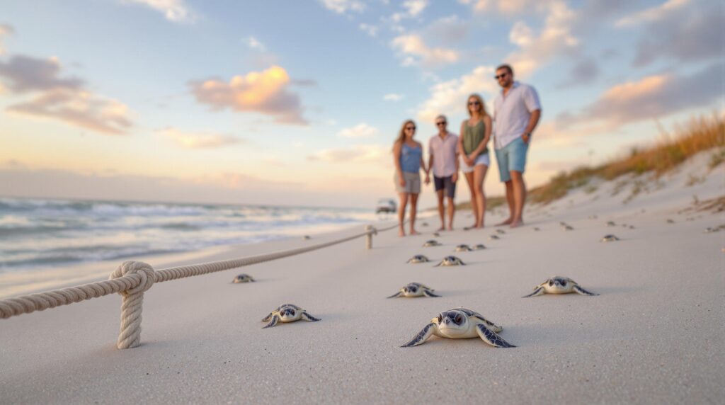 Families watch baby sea turtles crawl toward the ocean at sunrise on a sandy Gulf Coast beach, with an RV in the background.