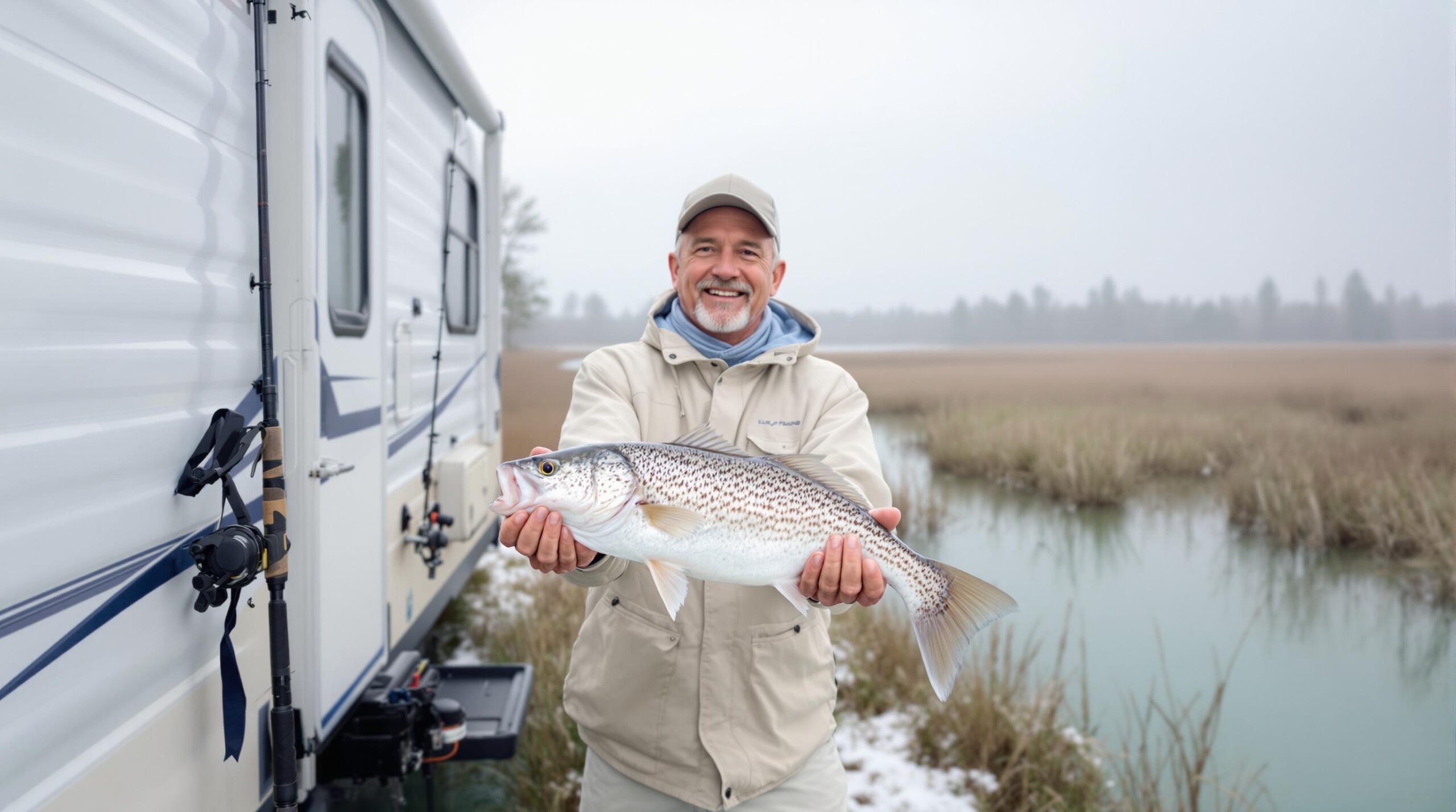 Angler in winter clothing holding redfish and speckled trout beside a white RV near a calm bay with marsh grasses and pine trees in the background