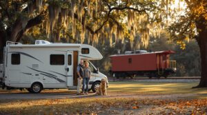 Middle-aged couple with golden retriever beside a white RV at a leafy autumn campground, red caboose in the background, soft afternoon light.