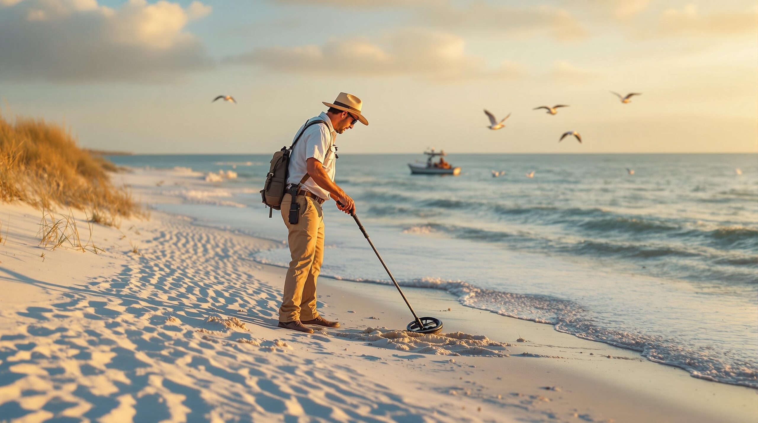 A person with a metal detector searches a sandy Gulf Coast beach at sunrise, framed by sea oats and gentle waves, with a fishing boat in the distance.