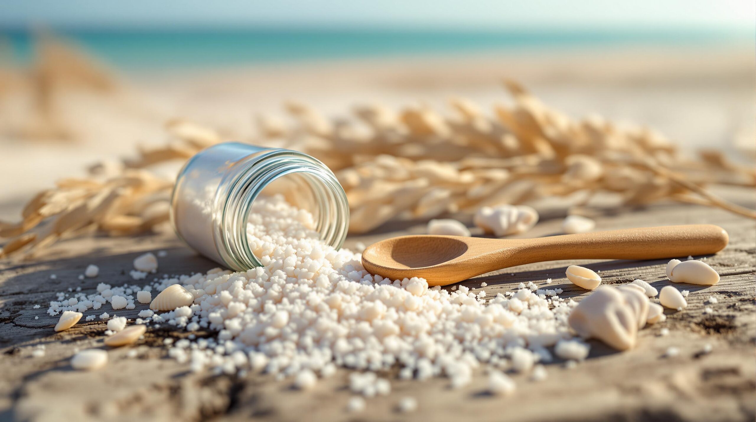 Handcrafted Gulf sea salt flakes spilling from a glass jar onto driftwood, with a wooden spoon, seashells, and sea-oat stems, softly lit on a sandy coastal background.