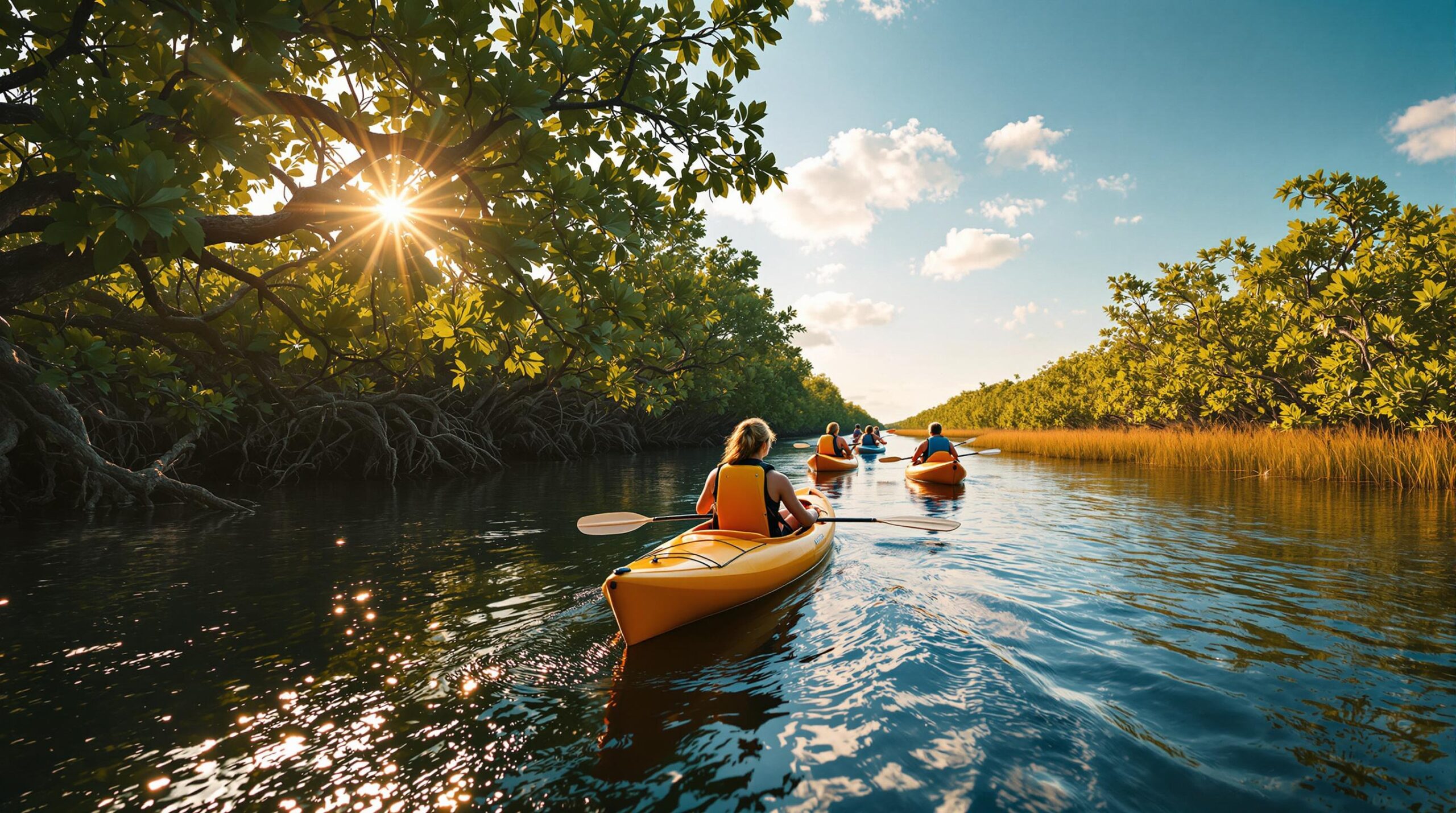 Group of kayakers paddling along a calm mangrove-lined tidal creek under warm afternoon sunlight, surrounded by lush green foliage and tranquil water.