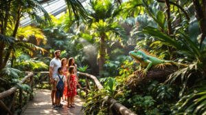 A diverse family of four observes a green iguana resting on a mossy branch in a lush indoor rainforest exhibit with tropical plants and filtered sunlight.