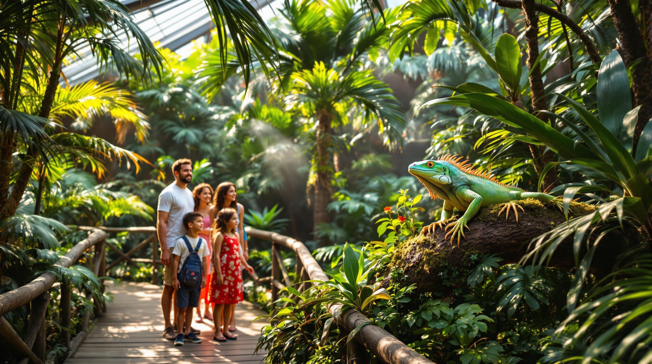 A diverse family of four observes a green iguana resting on a mossy branch in a lush indoor rainforest exhibit with tropical plants and filtered sunlight.
