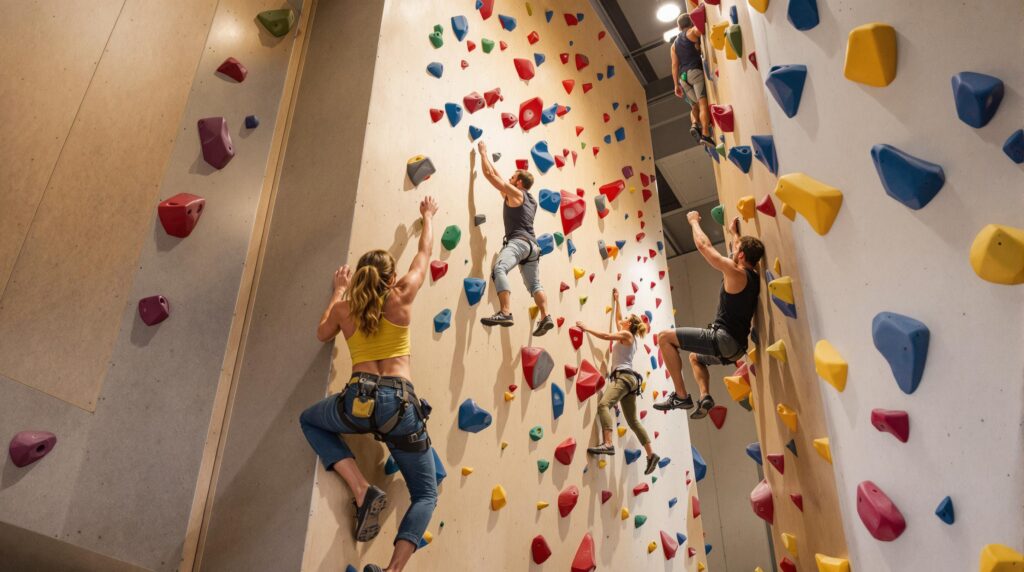 Four adults climbing a colorful indoor wall in a modern recreation center, showcasing teamwork and athletic challenge under bright lighting.