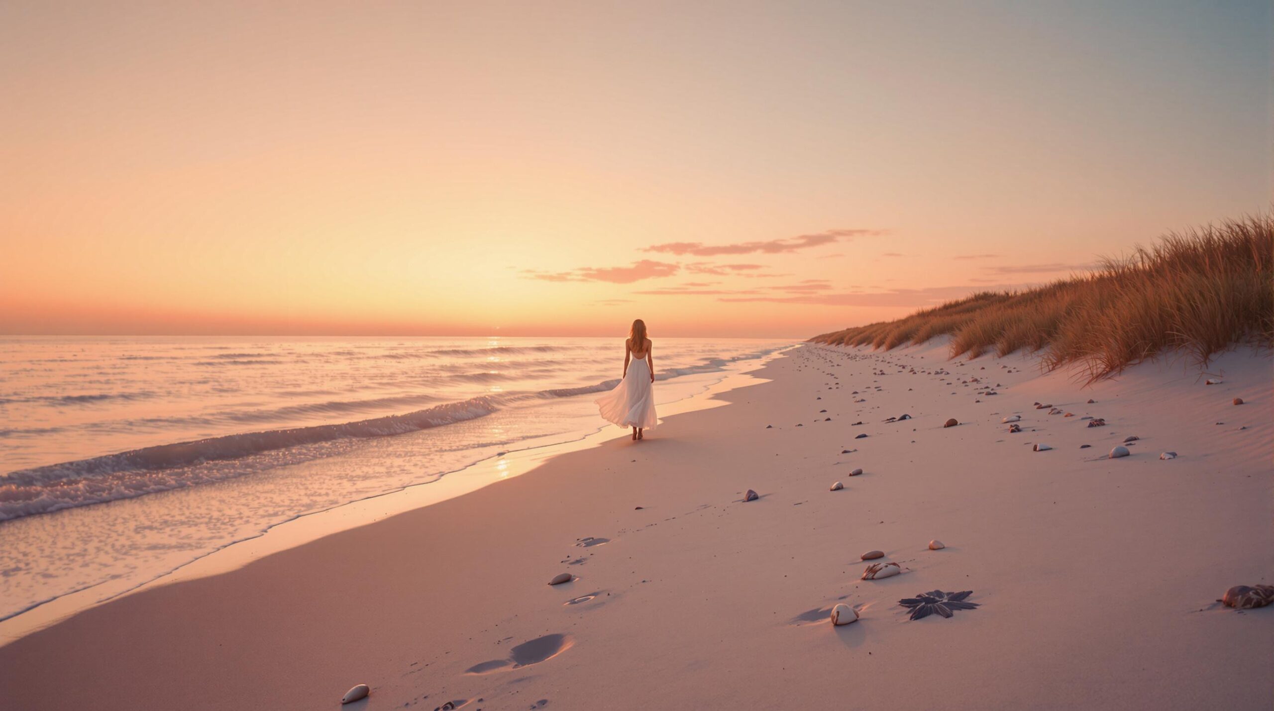 An ethereal woman in a flowing white dress stands at the edge of a sandy beach at sunset, with soft orange and pink light reflecting on calm water and gentle dunes in the background.