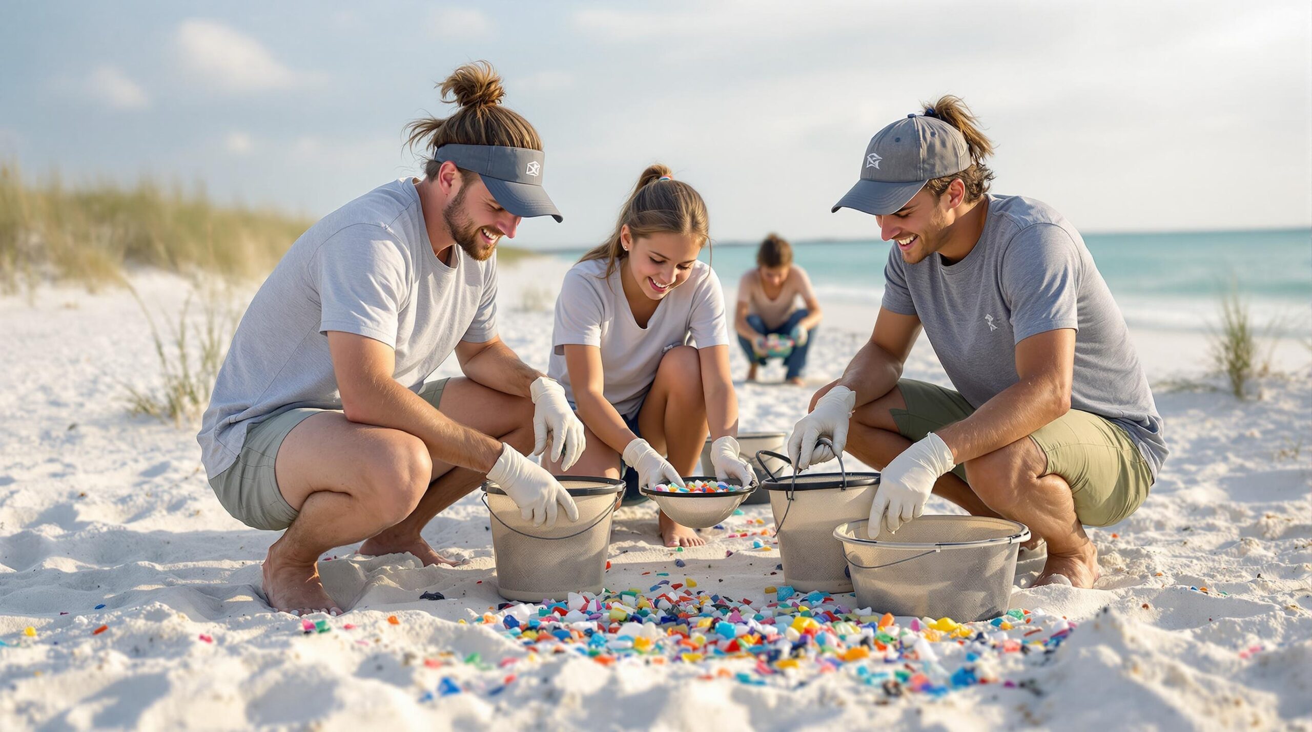Volunteers wearing gloves collect microplastics from sandy beach near dune grasses and lagoon water during a cleanup at Little Lagoon Pass in Gulf Shores, Alabama.