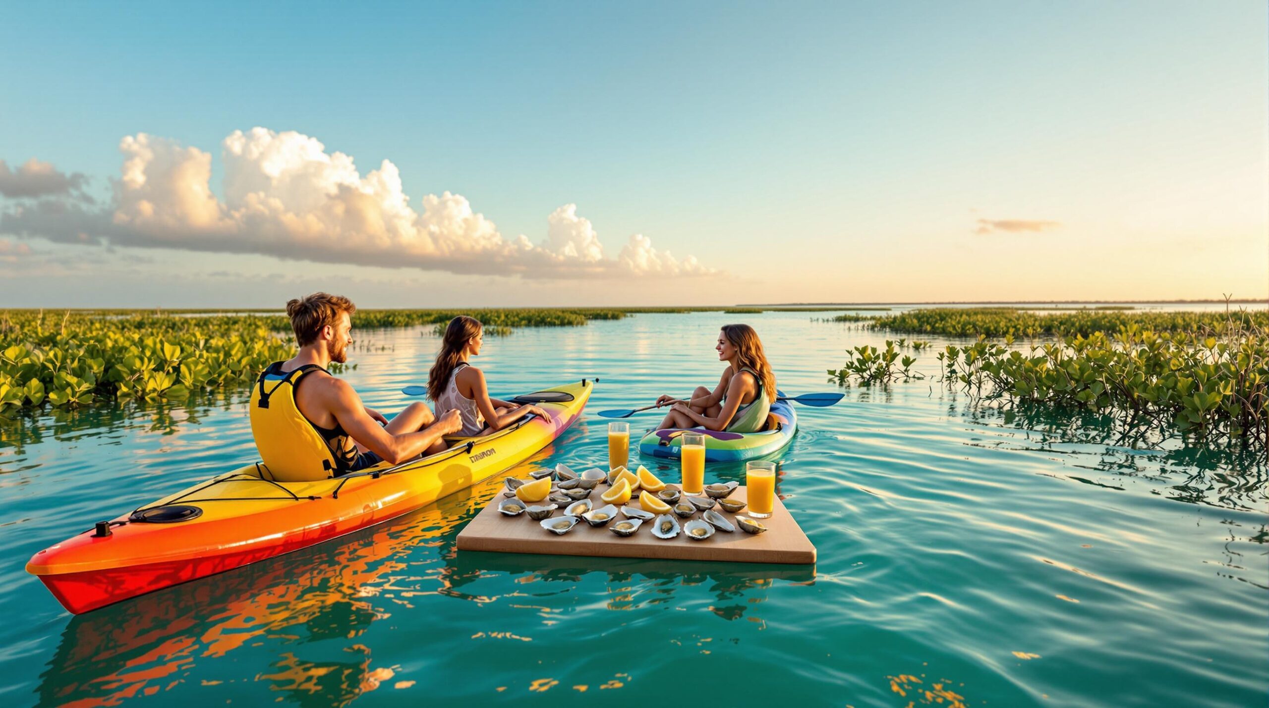 Three friends kayaking in a calm lagoon share fresh oysters on a picnic board, surrounded by mangroves under soft golden hour light.
