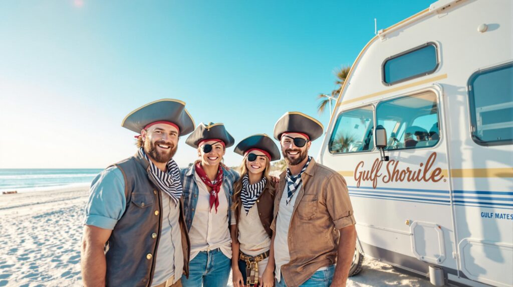 A smiling family wearing pirate hats and bandanas stands beside their RV on a sandy Gulf Coast beach, with blue sky and gentle waves in the background.
