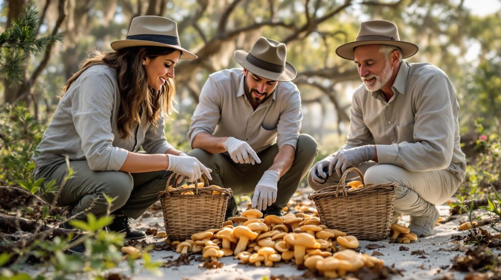 Three adults foraging for wild mushrooms on a sandy forest floor in Gulf State Park, carefully inspecting fungi near palmetto plants and pine trees, with baskets and gloves, under soft morning light.