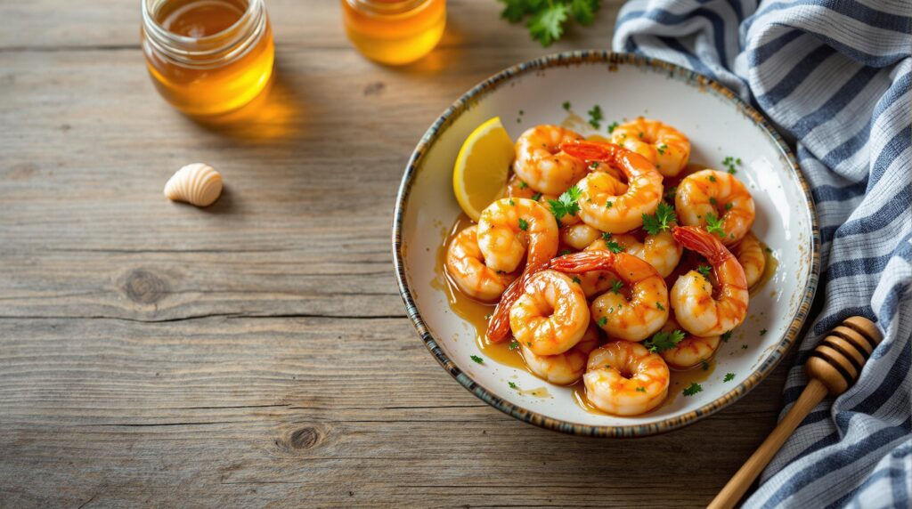Close-up of honey-glazed shrimp garnished with parsley and lemon, served on a rustic wooden table with a jar of honey, honey dipper, and a blue-and-white napkin.