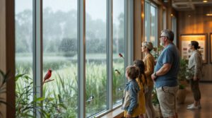 A diverse family and older couple watch colorful songbirds through large rain-streaked windows inside a modern environmental learning center, with natural wood accents and potted plants creating a cozy, educational atmosphere.