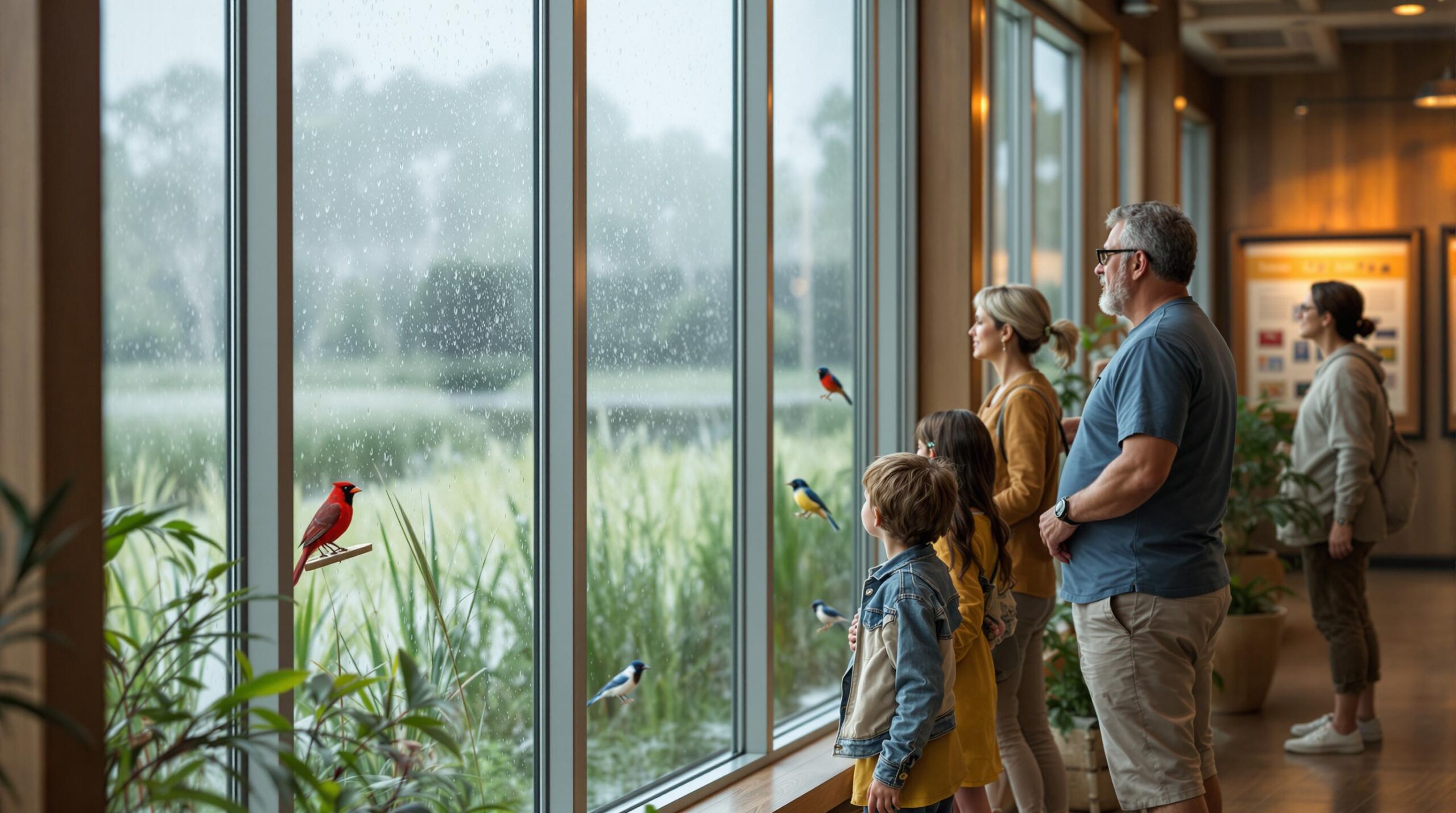 A diverse family and older couple watch colorful songbirds through large rain-streaked windows inside a modern environmental learning center, with natural wood accents and potted plants creating a cozy, educational atmosphere.