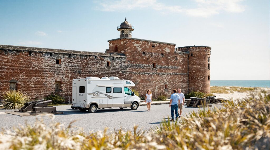 Family starting a walking tour near a historic brick fort with an RV parked nearby, coastal plants and blue water in the background under a sunny sky.