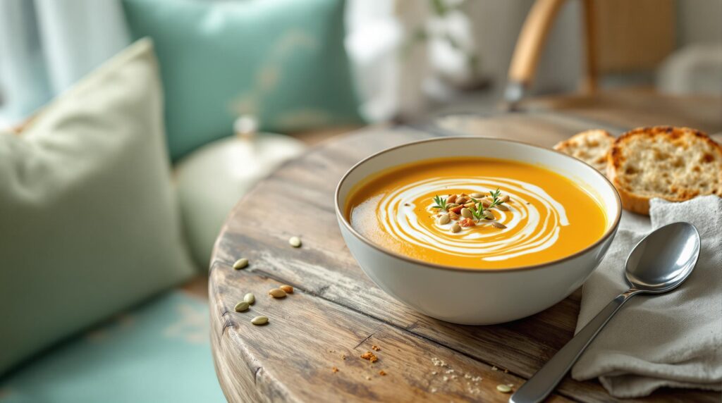 A steaming bowl of creamy golden squash soup garnished with coconut cream, pumpkin seeds, and thyme sits on a rustic wood table next to crusty bread and a spoon, with soft coastal decor and sunlight in the blurred background.
