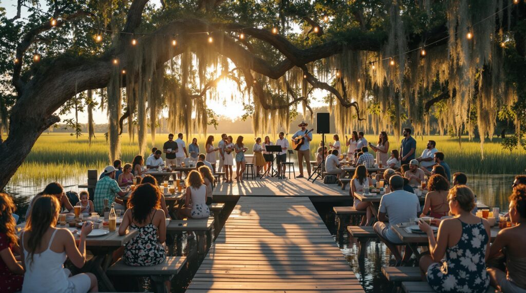 Families and friends gather at a rustic bayou festival, enjoying seafood and live music on a wooden pier at sunset, with soft lighting and marsh grasses in the background.