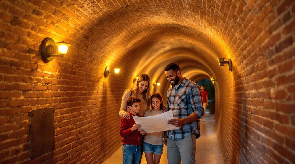 A family of four studies a paper map together while standing inside a softly lit brick tunnel, suggesting an underground adventure.