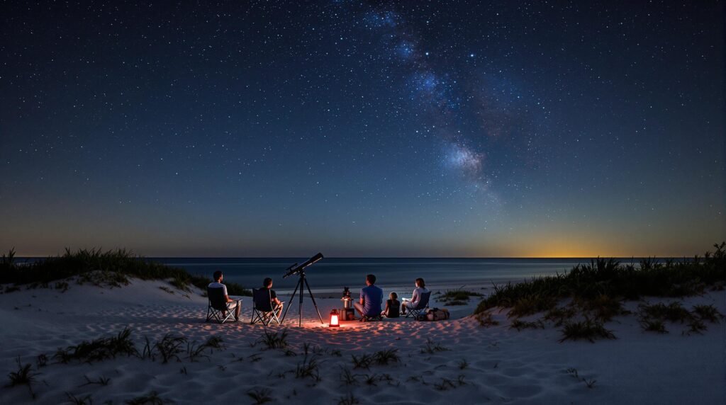 Friends stargazing with telescopes on a sandy beach at night, Milky Way visible in the sky, soft lantern light illuminating beach chairs, calm water in the background.