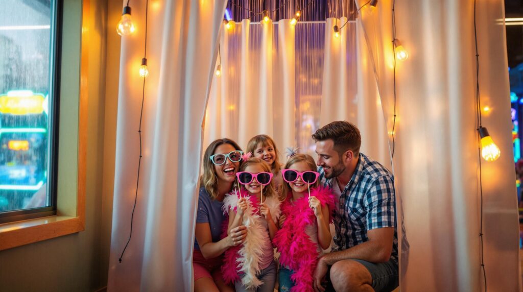 Family of four enjoying a DIY photo booth with playful props in a cozy arcade on a rainy day, colorful arcade machines softly blurred in the background.