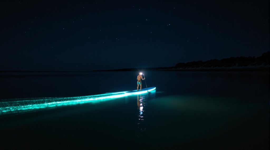 A paddleboarder glides across calm nighttime water, leaving a glowing turquoise bioluminescent trail, with a soft headlamp glow and subtle moonlight reflecting off the waves under a starry sky.