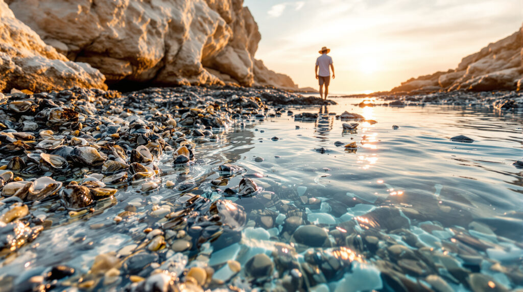 Sunrise over a quiet Gulf Shores inlet with wild oysters on rocky shore, a beachcomber walking in shallow water, and soft golden light illuminating the scene.