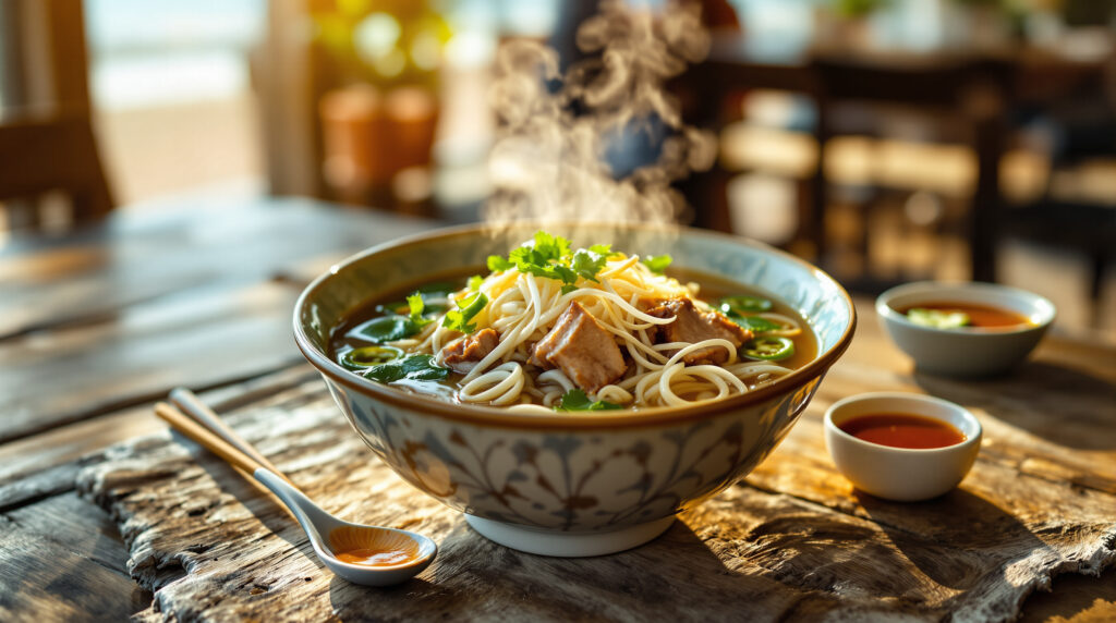 A steaming bowl of pork pho with rice noodles, fresh herbs, and vegetables sits on a rustic wooden table, accompanied by chopsticks, a spoon, and dipping sauces, with a softly blurred, generic café background.