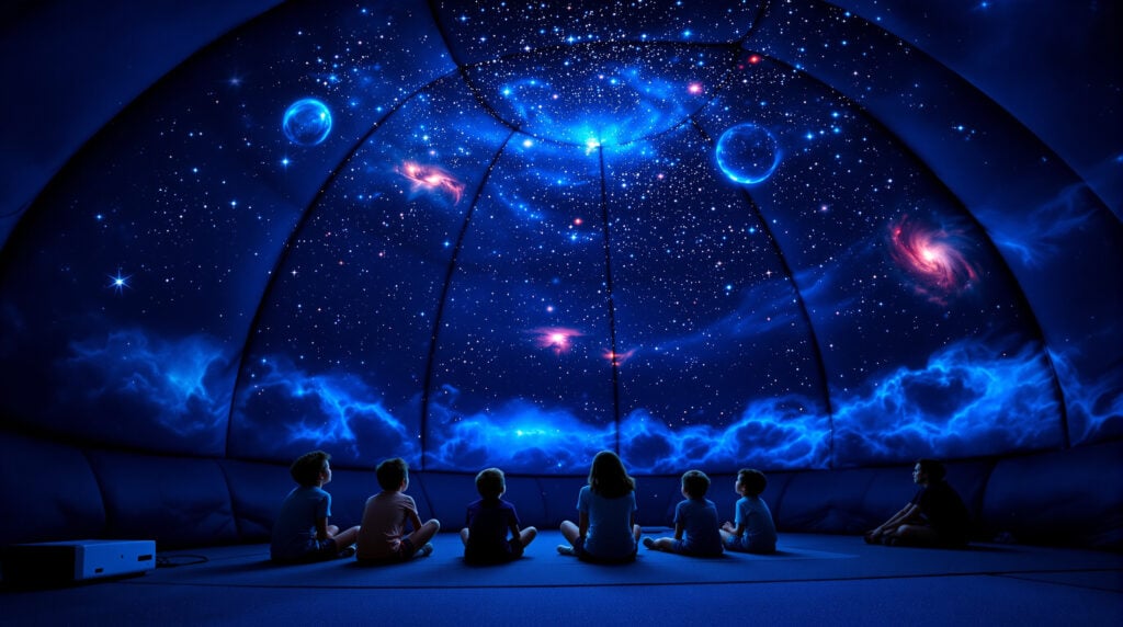 Children and parents sit inside a dark blue inflatable dome, watching bright star constellations projected on the ceiling during an indoor planetarium experience.