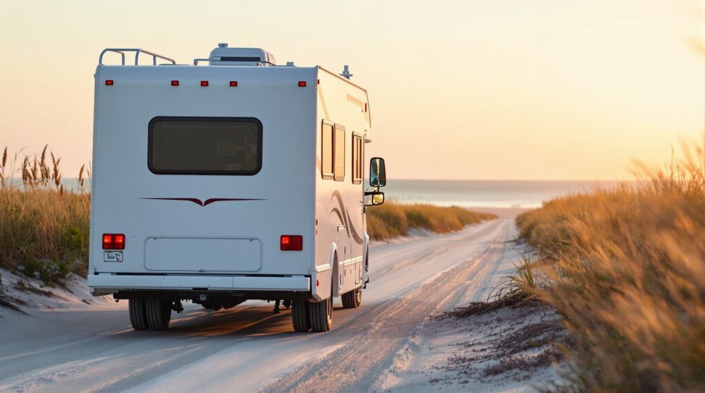 A white RV drives along a sandy back road bordered by coastal dunes and sea oats under a clear sky near Gulf Shores, Alabama.