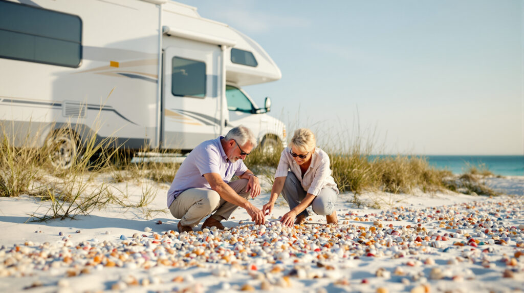 Middle-aged couple collecting seashells by an RV on a sandy Gulf Coast beach with turquoise water in the background