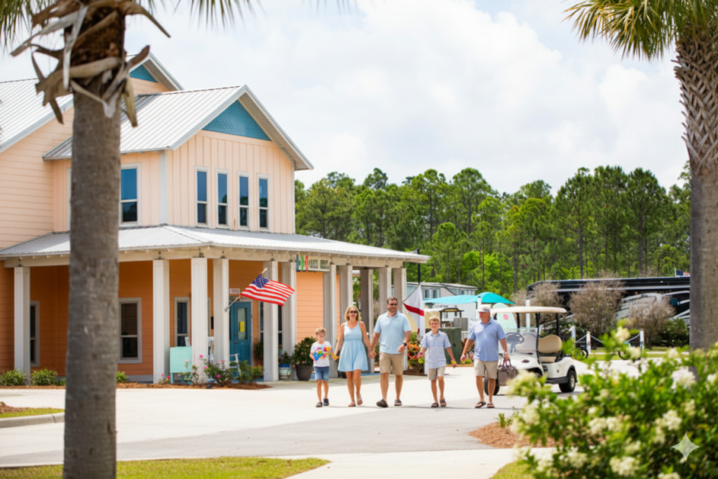 Guests arriving at Sugar Sands RV Resort clubhouse.