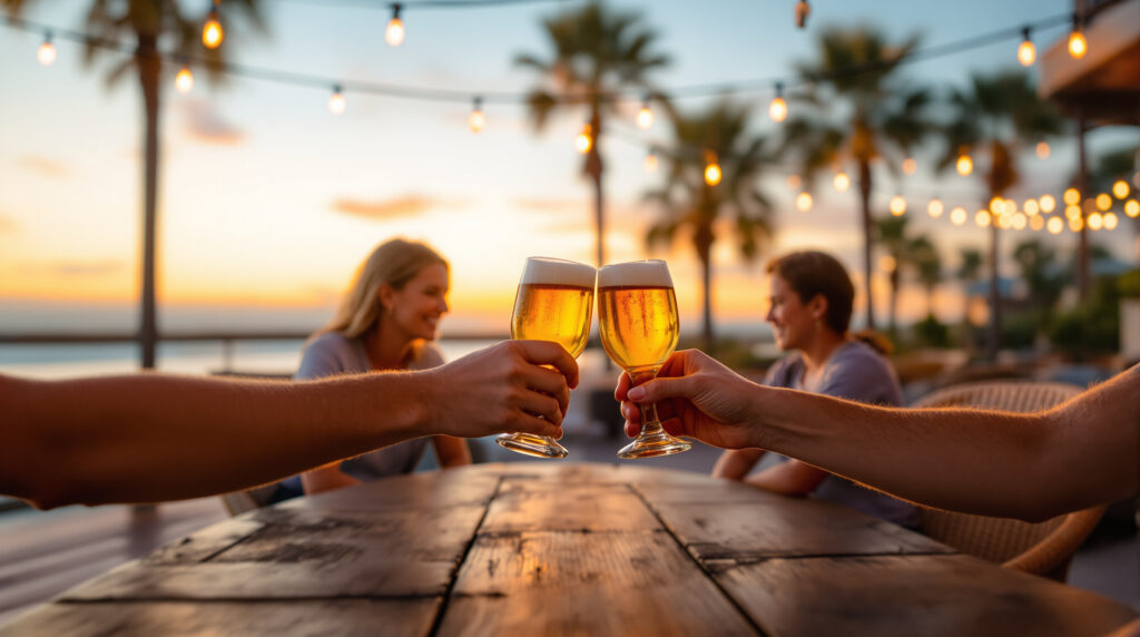 Three adults toast craft beers on a cozy wooden patio at sunset, with warm lighting, blurred palm silhouettes, and a relaxed Gulf Coast atmosphere.