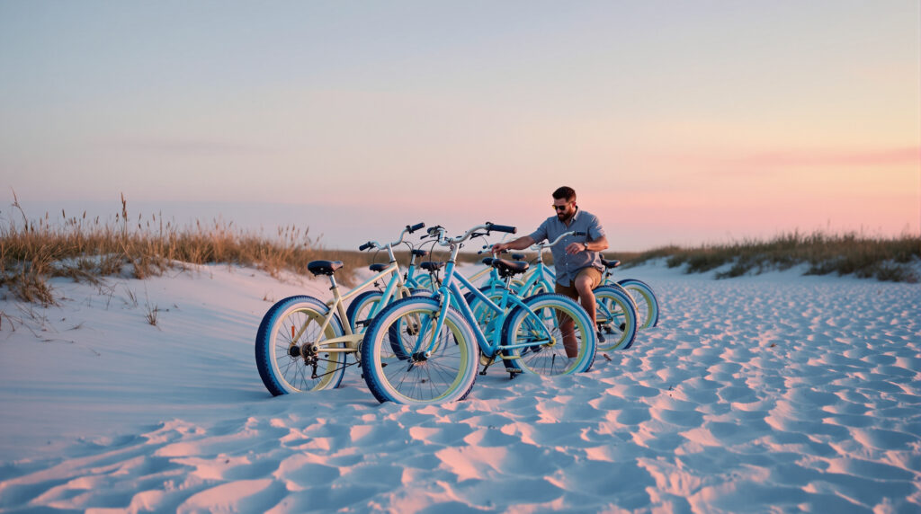Row of colorful fat-tire beach bikes parked on sandy dunes with sea oats and gentle surf in the background, under a soft evening sky at Gulf Shores.