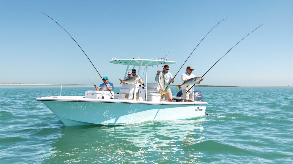 Three anglers on a small fishing boat display red snapper, speckled trout, and flounder while fishing near Gulf Shores, Alabama, under clear morning skies.