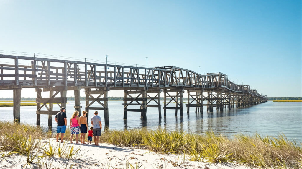 Three people stand on a sandy bank watching an old wooden swing bridge span a calm inlet, evoking 1930s Gulf Shores, with sea oats in the foreground and a generic, unidentifiable landscape in the background.