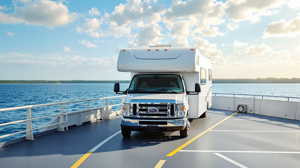A white Class C RV parked on the deck of a ferry crossing calm Mobile Bay, with gentle blue water and a distant tree-lined shoreline under a bright sky.