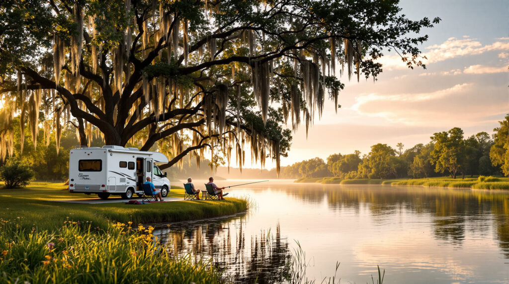 Older couple fishing beside creek near white RV under oak trees with Spanish moss, golden hour light, wildflowers and reeds along grassy bank, tranquil natural setting