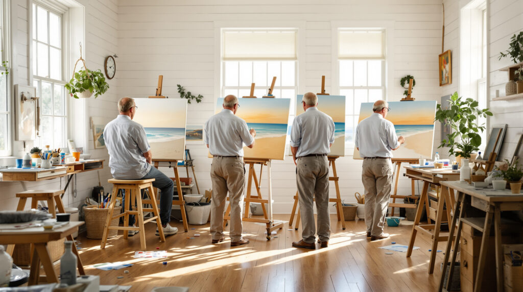 Three mature artists in 1950s clothing paint at easels in a bright, sunlit studio with vintage art supplies and soft coastal light.