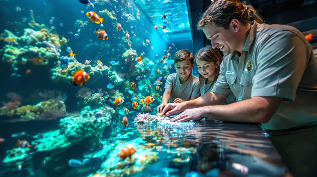 Marine biologist teaching children about tropical fish at an indoor aquarium touch tank, with colorful reef fish and coral, softly blurred neutral background.