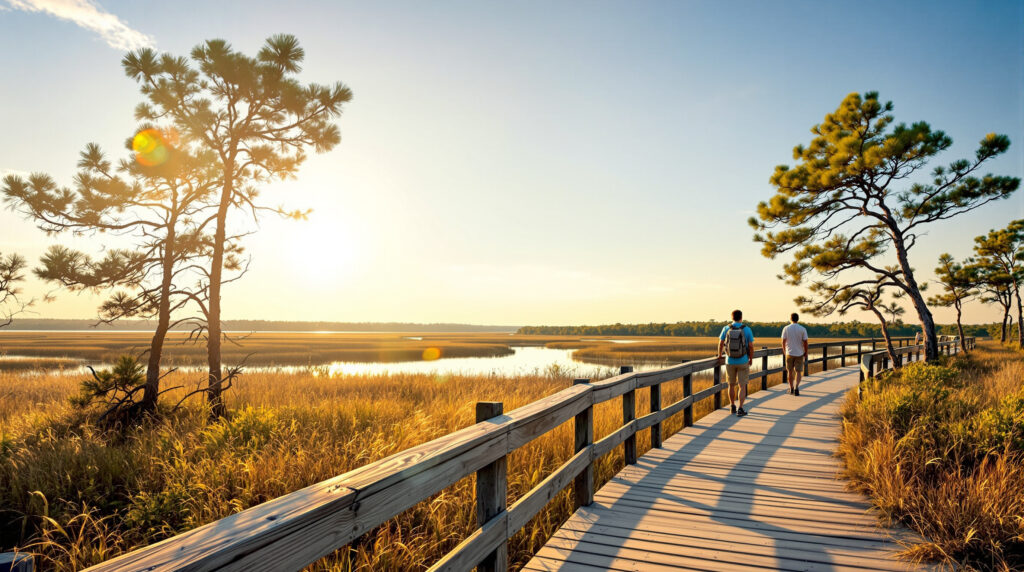 A hiker stands on a wooden overlook along a sandy trail surrounded by grasses, palmettos, and pines, gazing at a peaceful marsh under warm golden sunlight.