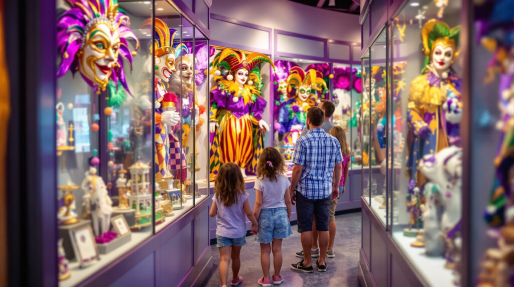 Family of four viewing colorful Mardi Gras masks and carnival exhibits in a museum setting with festive decorations and soft lighting
