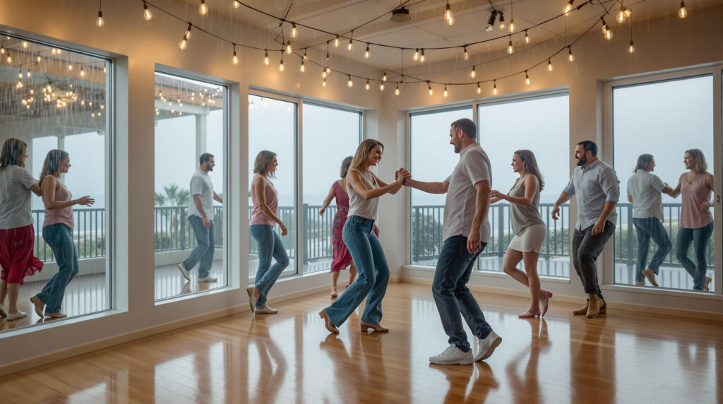 Adults learning salsa in a bright dance studio on a rainy day, with large windows showing blurred raindrops and an instructor leading two couples through dance steps on polished wooden floors.