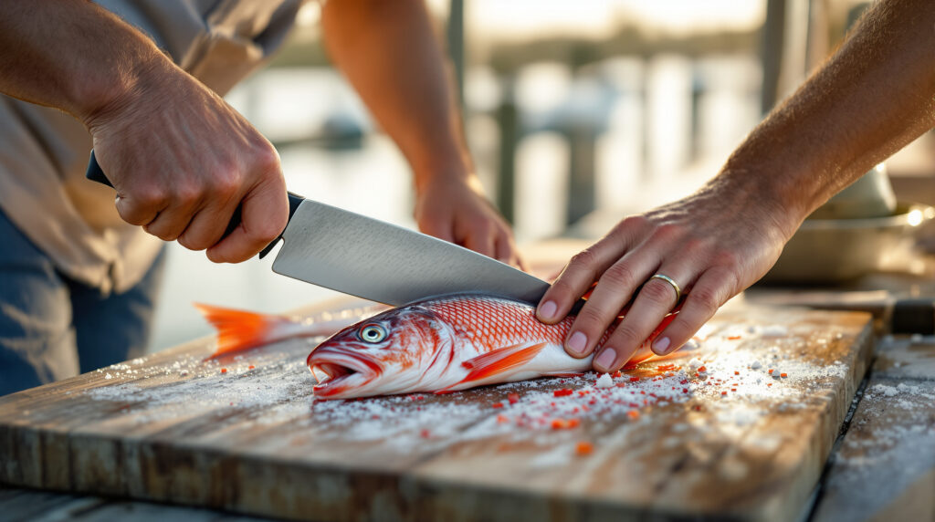 Fisherman's hands filleting a red snapper on a wooden cutting board at a marina cleaning station with blurred boats and water in the background