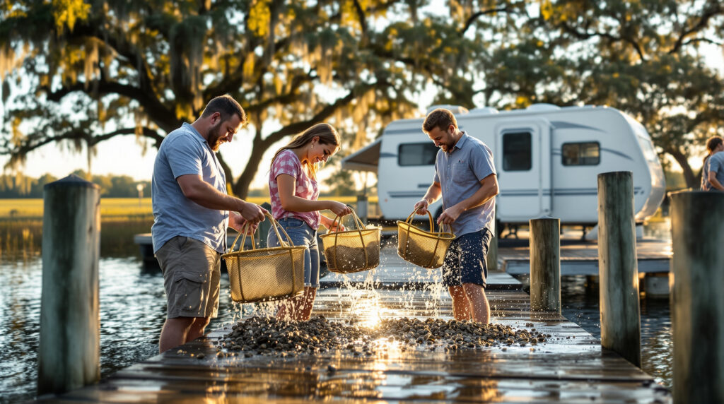 Four people clean oyster baskets on a dock near a white RV, with sunlight reflecting on calm bay water and oak trees in the background.