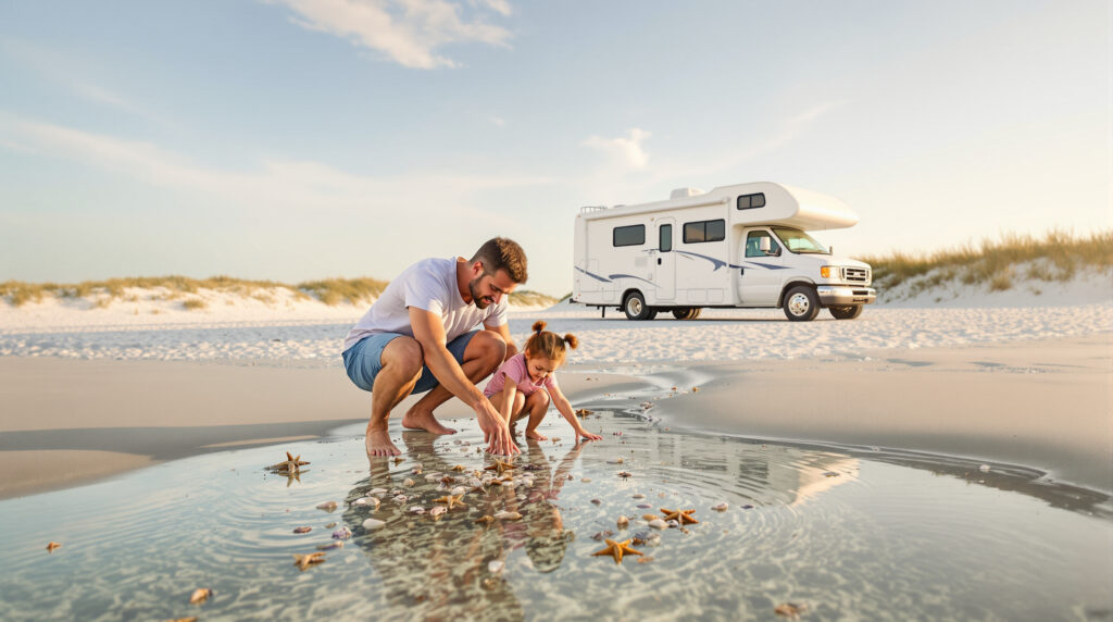 Family exploring tide pools on a sandy Gulf Shores beach near a parked RV under a sunny sky with dune grass in the background
