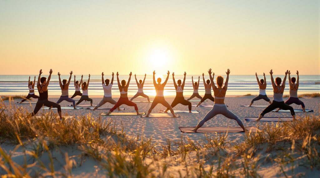 A diverse group of adults practices yoga on sandy Gulf Shores beach at sunrise, holding Warrior II poses on mats with soft waves and sea oats in the background, bathed in warm golden light.