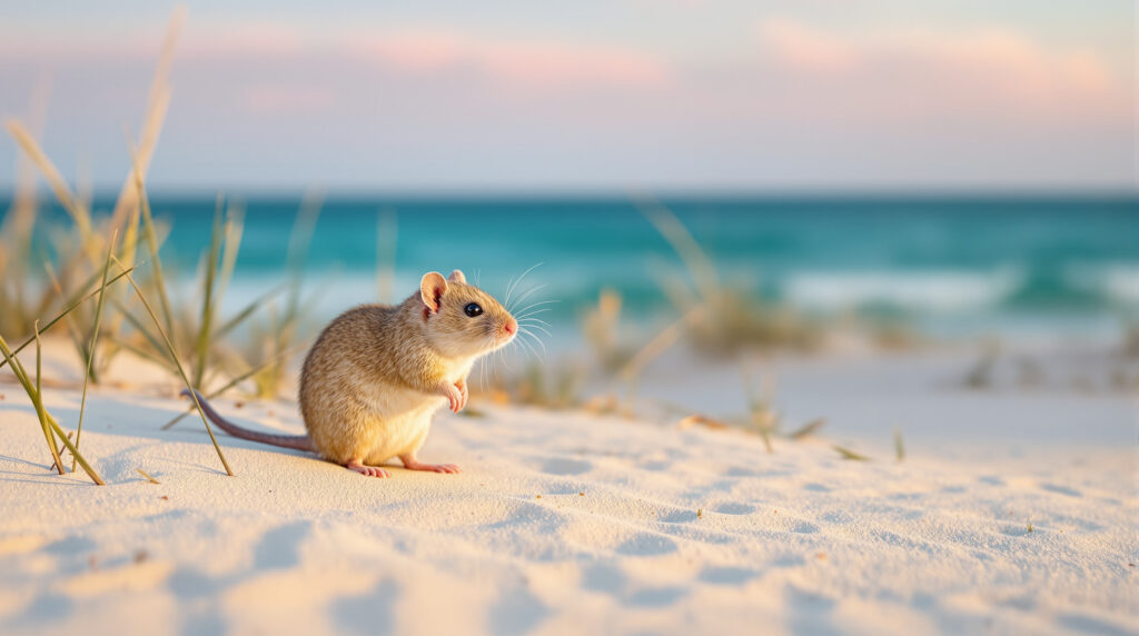 A rare Perdido Key beach mouse stands on a sandy dune with sea oats and beach grass, softly lit by morning sun near the Gulf shoreline.