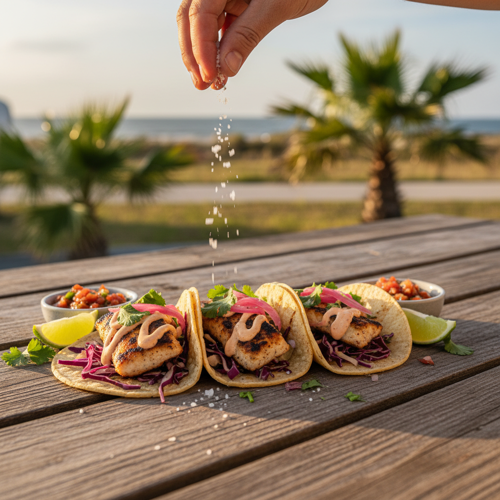 A hand sprinkles flaky smoked sea salt over three grilled fish tacos with cabbage and pickled onions on a wooden picnic table, with palm trees and a blurred sunny background.