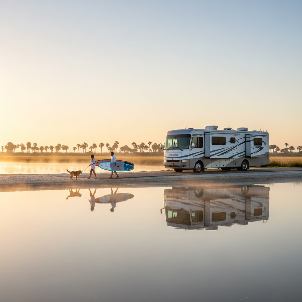 A couple with a dog walks paddleboards toward calm water near a parked motorhome at sunrise, with palm trees and marsh grass in the background.