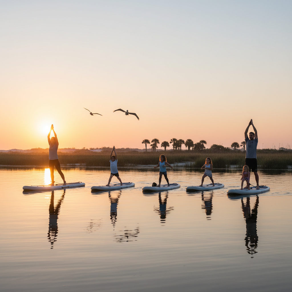 A diverse group of adults and children practice yoga poses on paddleboards at sunrise in calm lagoon water, with pelicans flying overhead and distant grasses and palm trees silhouetted in the background near Gulf Shores, Alabama.